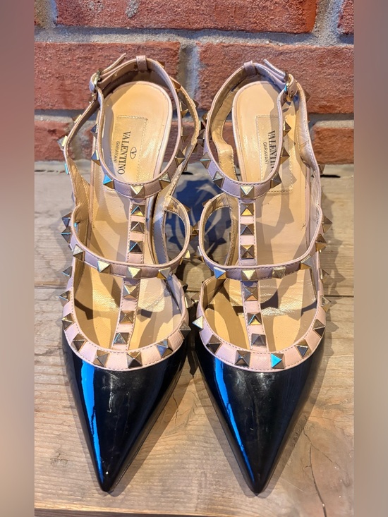 Valentino Shoes - Valentino Patent Pointed-Toe Rockstud Slingback Heels - Black